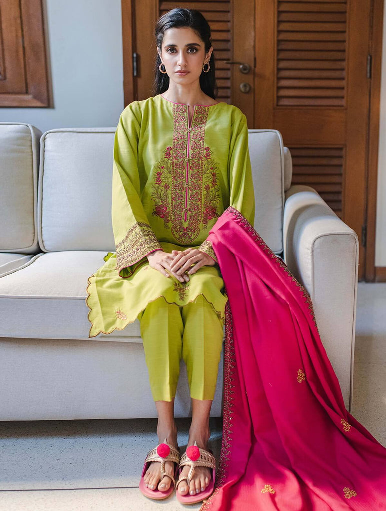Zellbury Embroidered Shirt Shalwar Dupatta - Lime Green - Karandi Suit - 0056