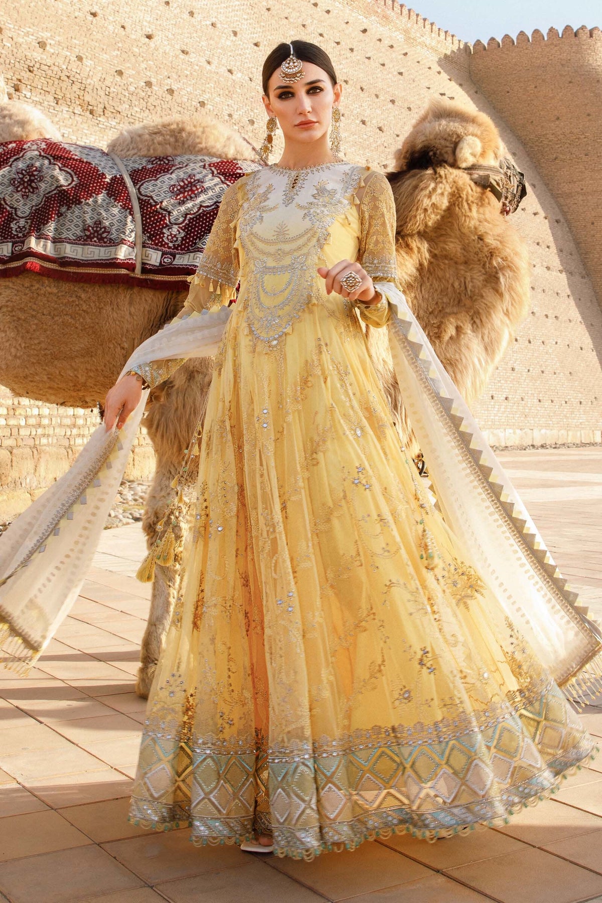 maria b golden dress MARIA.B Luxury Lawn Collection 2023 – D-2305-A – YourLibaas Full-Sizes-Winter