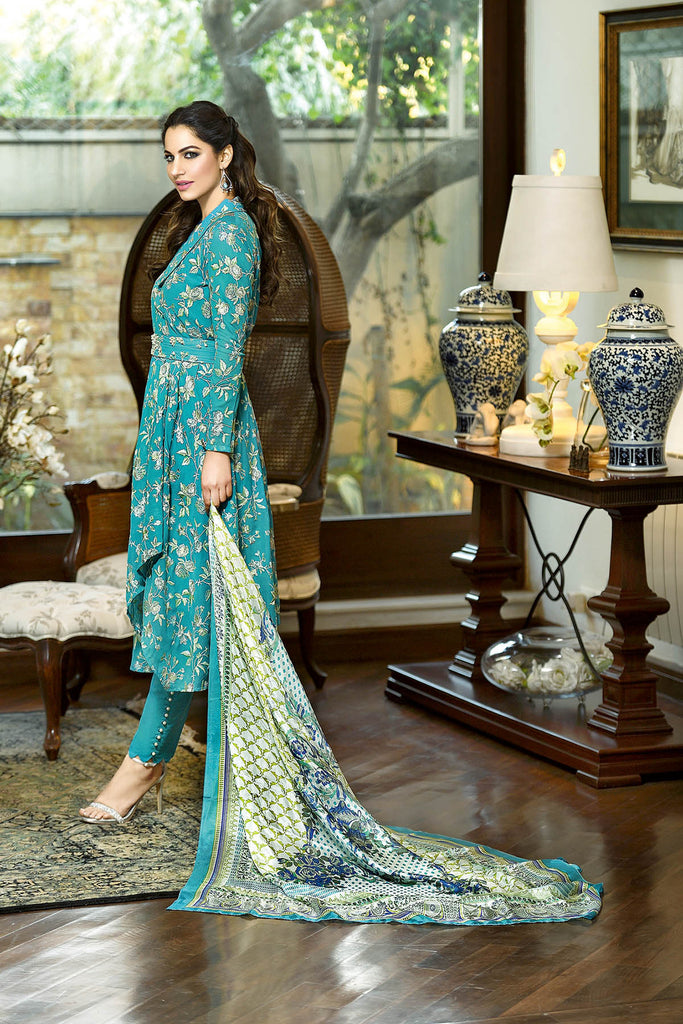 Gul Ahmed Summer 2017 - Sea Green 3 PC Embroidered Trencia Satin Silk Dress SS-128