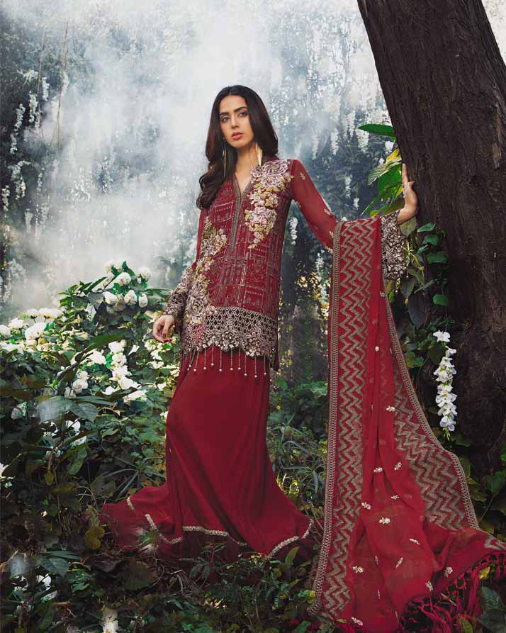 Adan's Libas Arcadia Festive Chiffon Collection – Crimson | ZA-1292