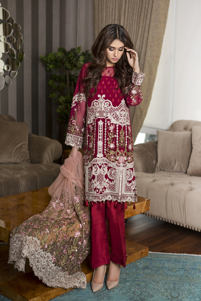 Baroque Luxury Chiffon Embroidered Collection Vol 4 – Crimson - YourLibaas
 - 1