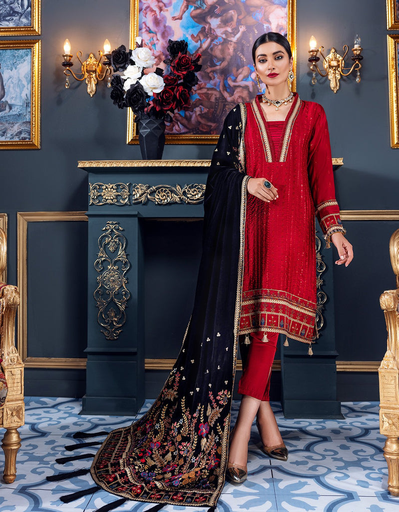 Emaan Adeel Makhmal Luxury Velvet Collection – Red romance (MKH01)