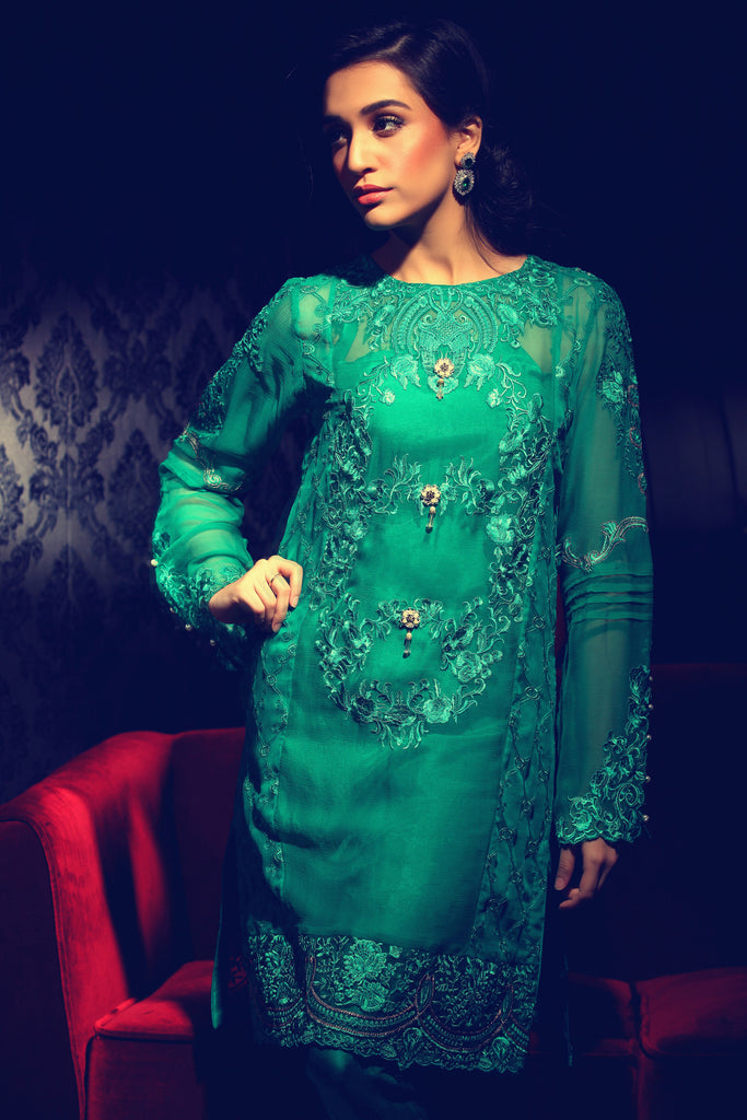 Rungrez Fleur d' Amour Embroidered Chiffon Collection - Emerald Woo - YourLibaas
 - 1