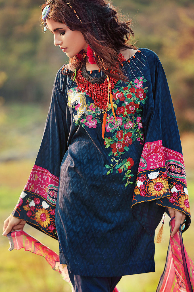 Gul Ahmed Gypsy Folk Lawn Collection - Blue 2 Pc Embroidered Blended Chiffon GT-08