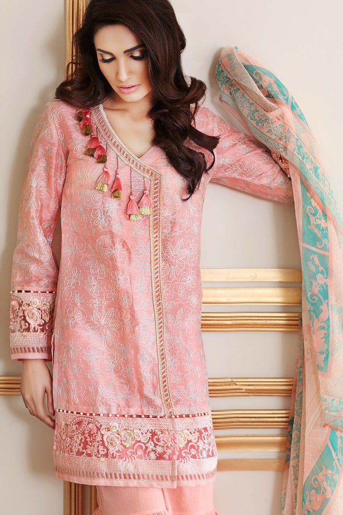 Gul Ahmed Luxury Festive Eid Collection - Pink 3 Pc Embroidered Silk Linen FE-40