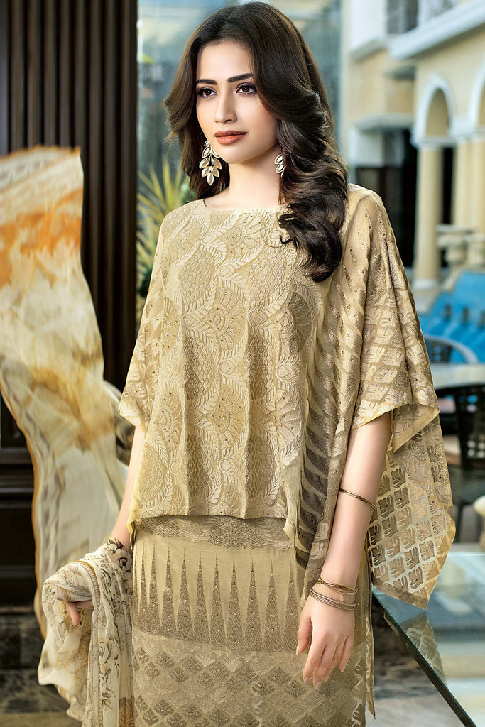 Gul Ahmed Luxury Festive Eid Collection - Beige 3 Pc Embroidered Silk Chiffon FE-41