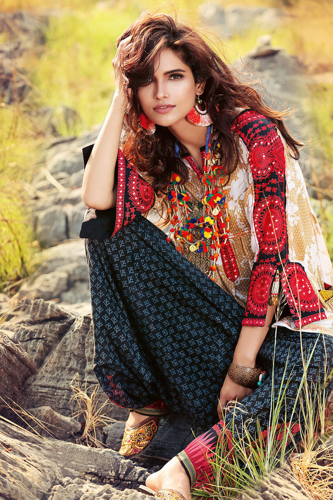 Gul Ahmed Gypsy Folk Lawn Collection - Light Brown 3 PC Bamber Embroidered GL-06