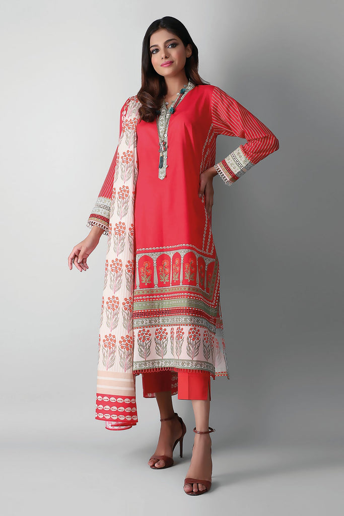 Khaadi Printed 3 Piece Suit · Full Suit – A2104038B- Red