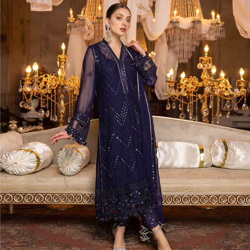 Merakish Luxury Embroidered Chiffon Collection – Navy Blue