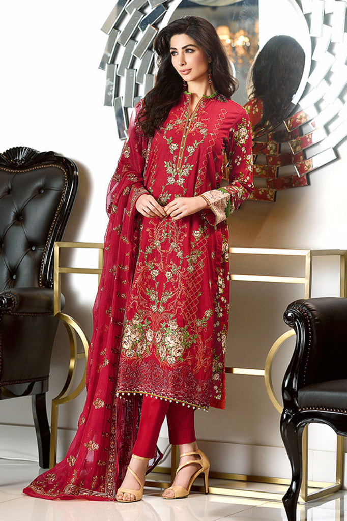 Gul Ahmed Red Premium Embroidered Chiffon PM-112 - YourLibaas
 - 1