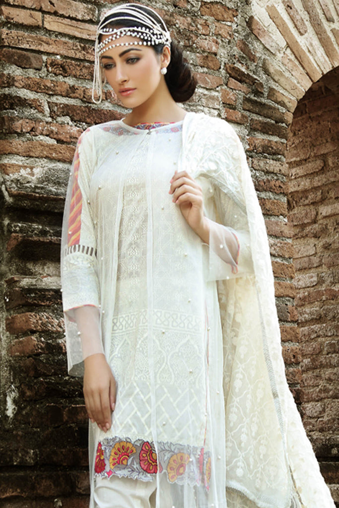 Gul Ahmed Summer 2017 - Off White 3 PC Premium Embroidered Chiffon Dress PM-159