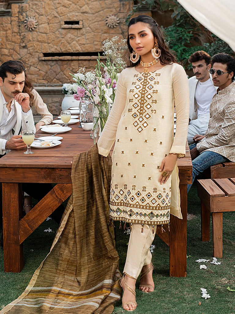 Salitex Vogue Luxury Eid Collection – Embroidered Shirt with Khaddi Dupatta & Dyed Raw Silk Trouser - WK-00660