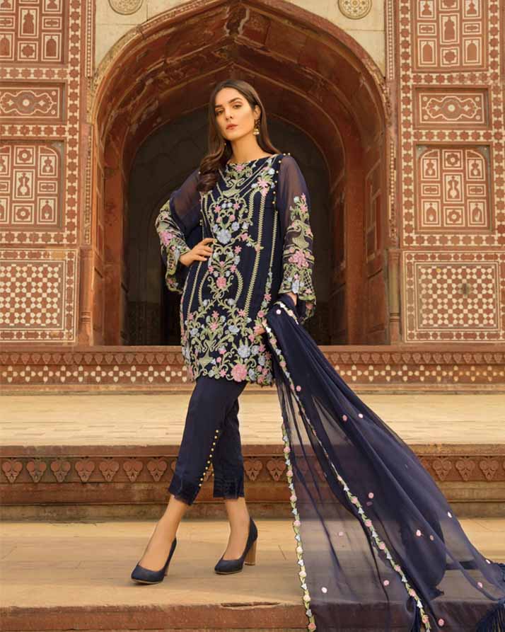 Mah E Rooh Luxury Chiffon Embroidered Formal Collection 2018 – Navy Blue (Chantilly Chiffon)