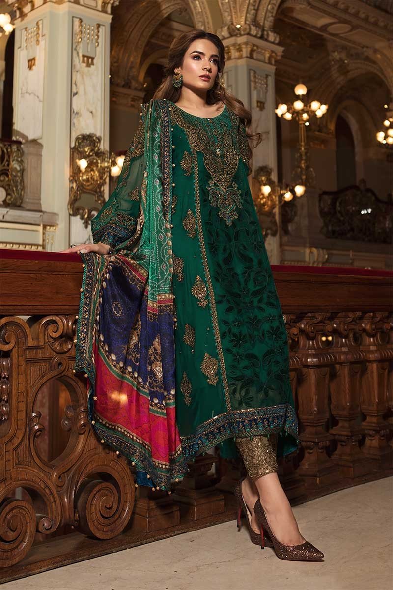 maria b dark green dress MARIA B READY TO WEAR CHIFFON EMERALD GREEN 108 The Zaibai