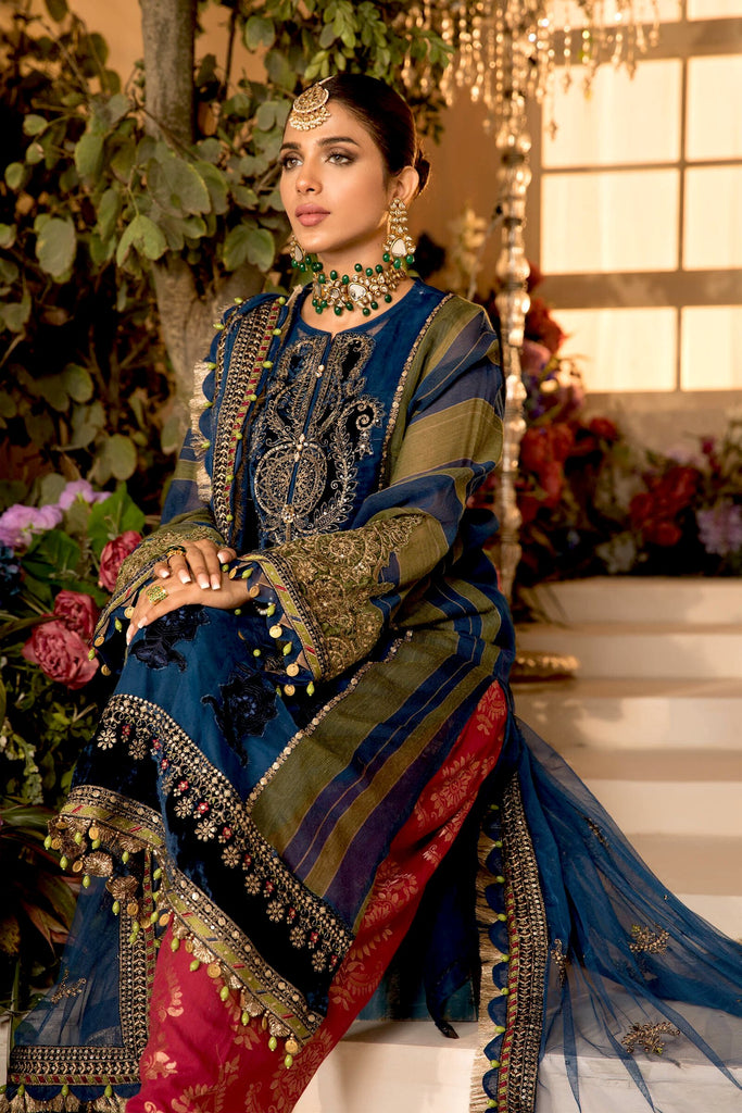 MARIA.B MBROIDERED Eid Collection 2021 – Blue Olive green with deep Coral Pink (BD-2104)