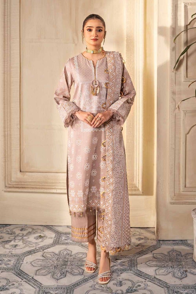 Gul Ahmed Summer Essential 2024 – 3PC Foam and Gold Printed Lawn Suit CL-42169 A