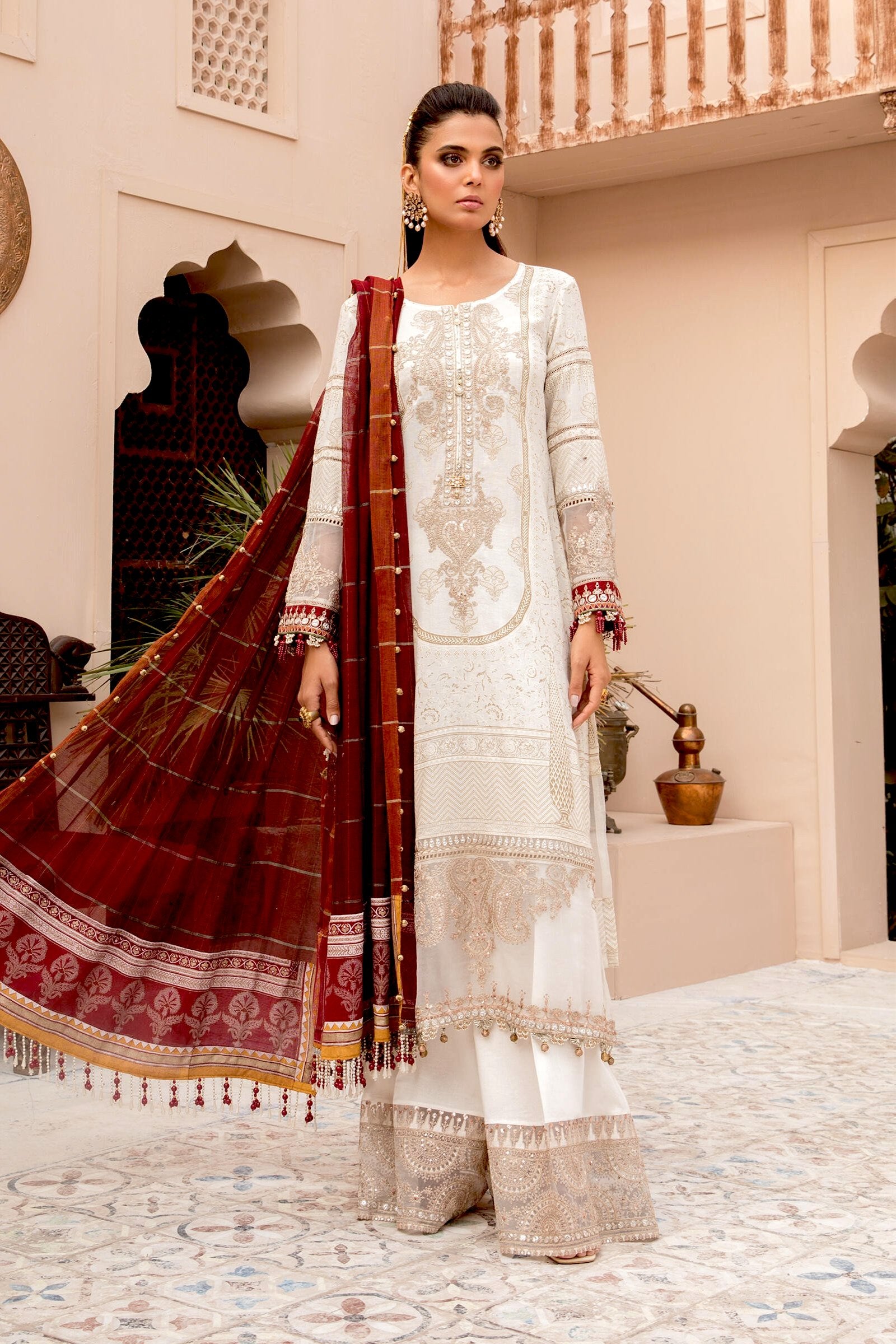 red and white pakistani dress Handmade Red Bridal Jora: Embroidered Pakistani Wedding Dress