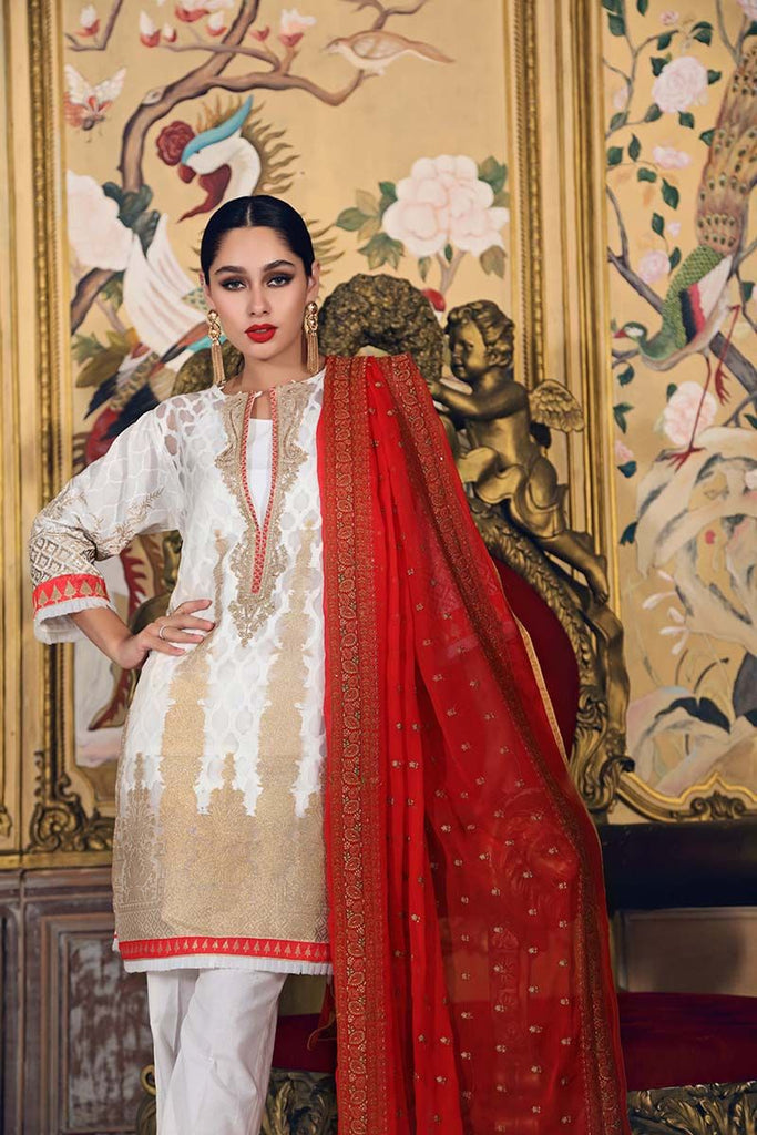Gul Ahmed Festive Jewelled Collection 2018 – Off White 3 Pc Embroidered FE-127