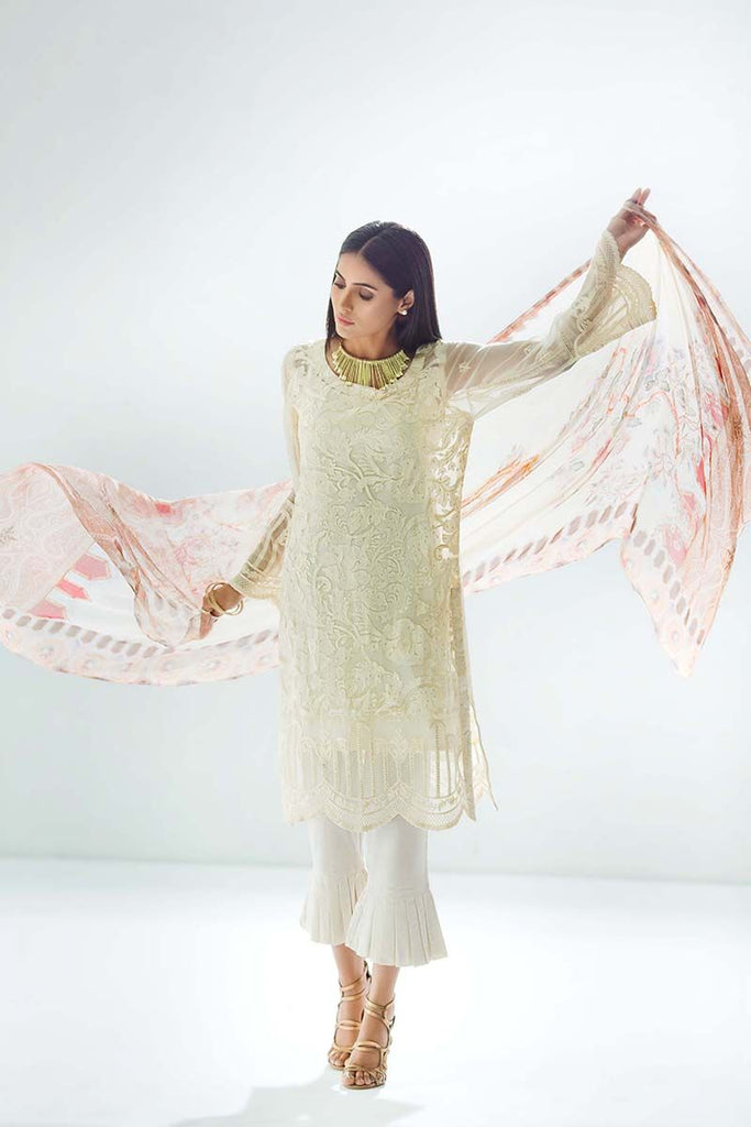 Gul Ahmed Festive Jewelled Collection 2018 – Cream 3 Pc Blended Chiffon FE-139