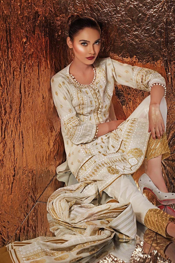 Gul Ahmed Festive Jewelled Collection 2018 – Beige 3 Pc Printed Suit FE-157