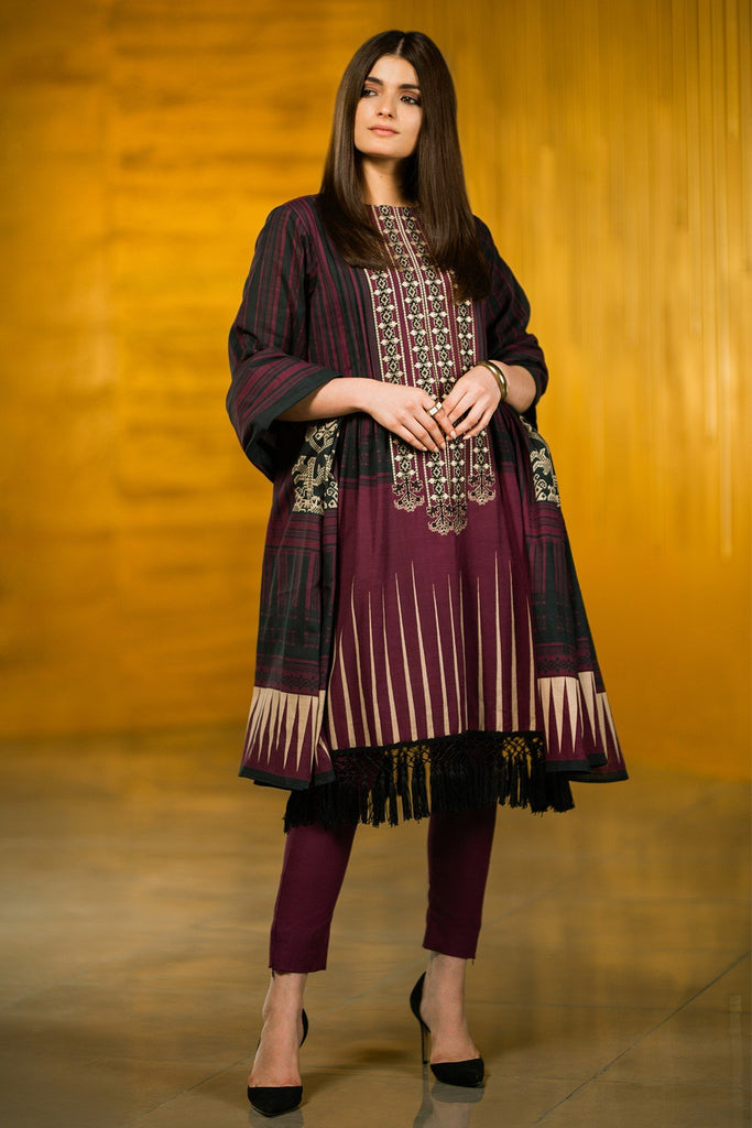 AlKaram Winter Collection 2019 – 3 Piece Embroidered Khaddar Suit with Khaddar Dupatta – FW-01-19-Maroon