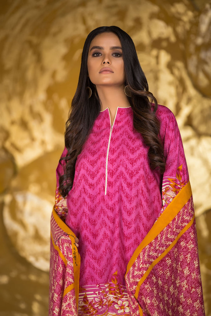 AlKaram Winter Collection 2019 – 3 Piece Printed Khaddar Suit with Printed Shawl – FW-13-19-Pink