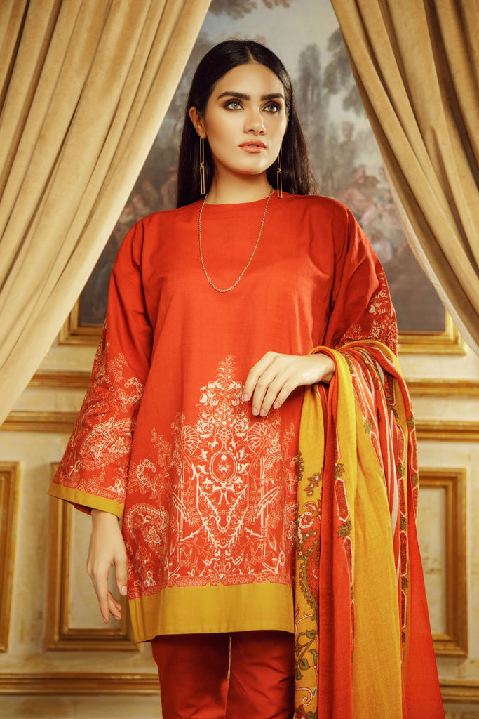 AlKaram Winter Collection 2019 – 3 Piece Printed Khaddar Suit with Printed Shawl – FW-15.1-19-Orange