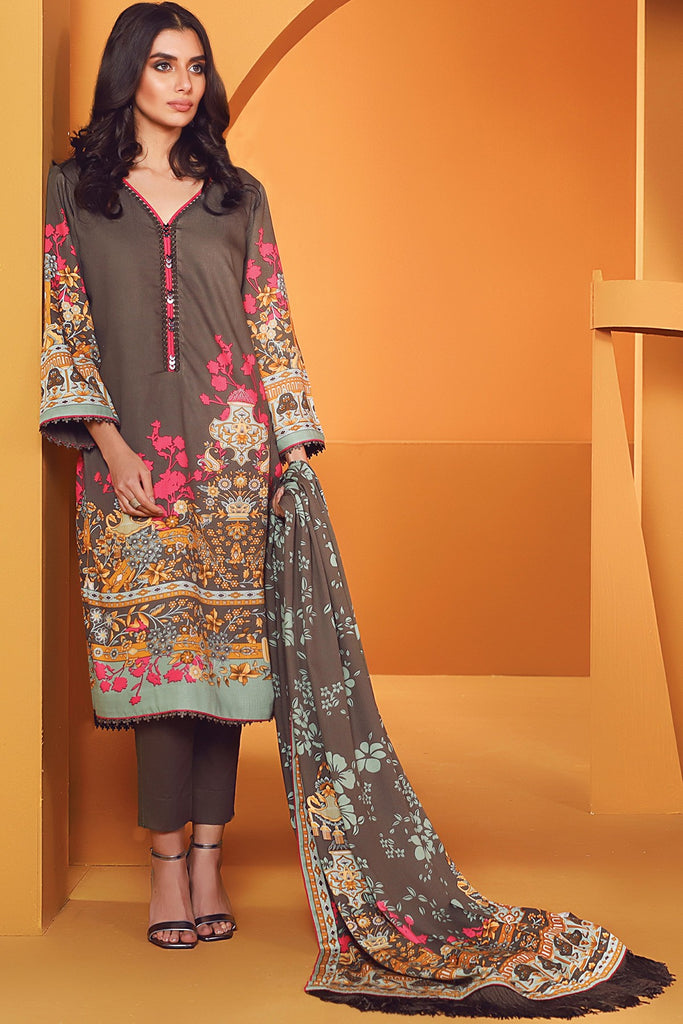 AlKaram Winter Collection – Three Piece Printed Cotail Suit With Printed Cotail Viscose Dupatta – FW-2.1-20-Grey
