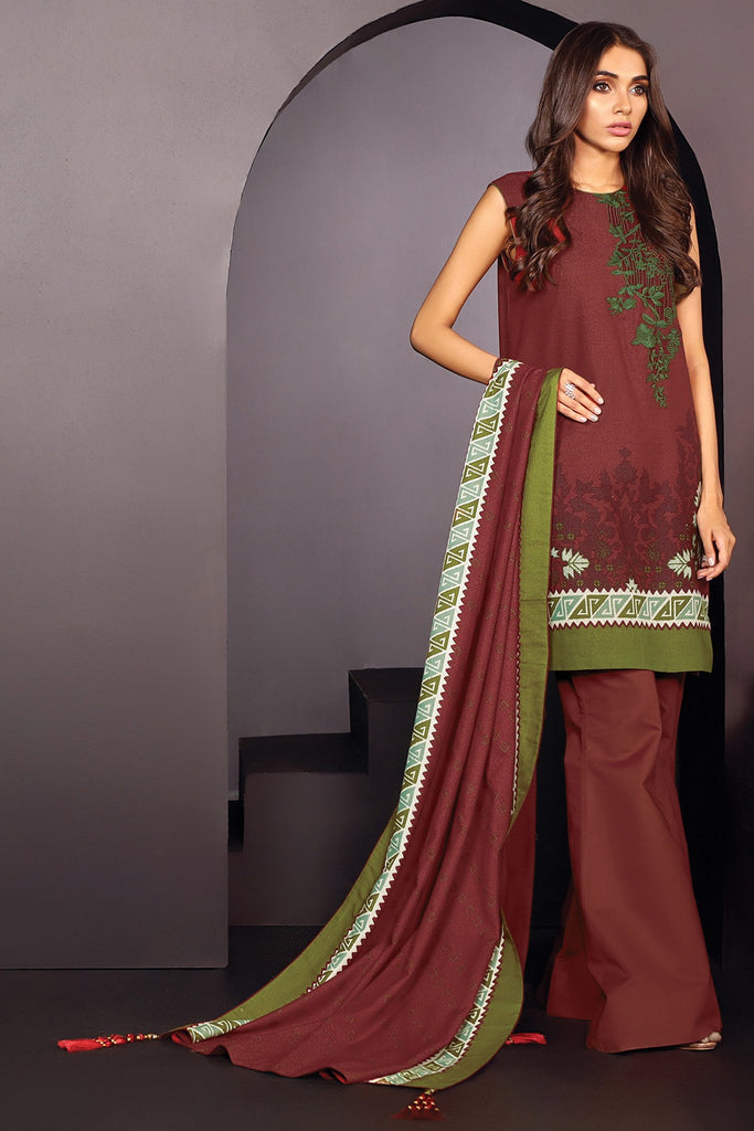 AlKaram Winter Collection – Three Piece Embroidered Karandi Suit With Printed Karandi Dupatta – FW-20.1-20-Red
