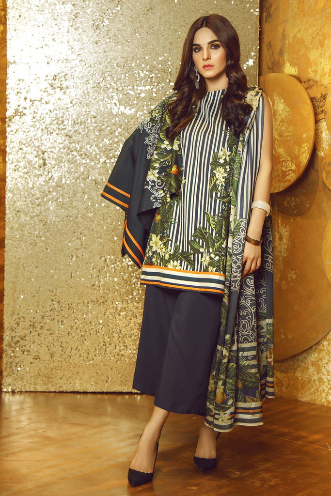 AlKaram Winter Collection 2019 – 3 Piece Printed Cotton Satin Suit with Fancy Dupatta – FW-27-19-Blue