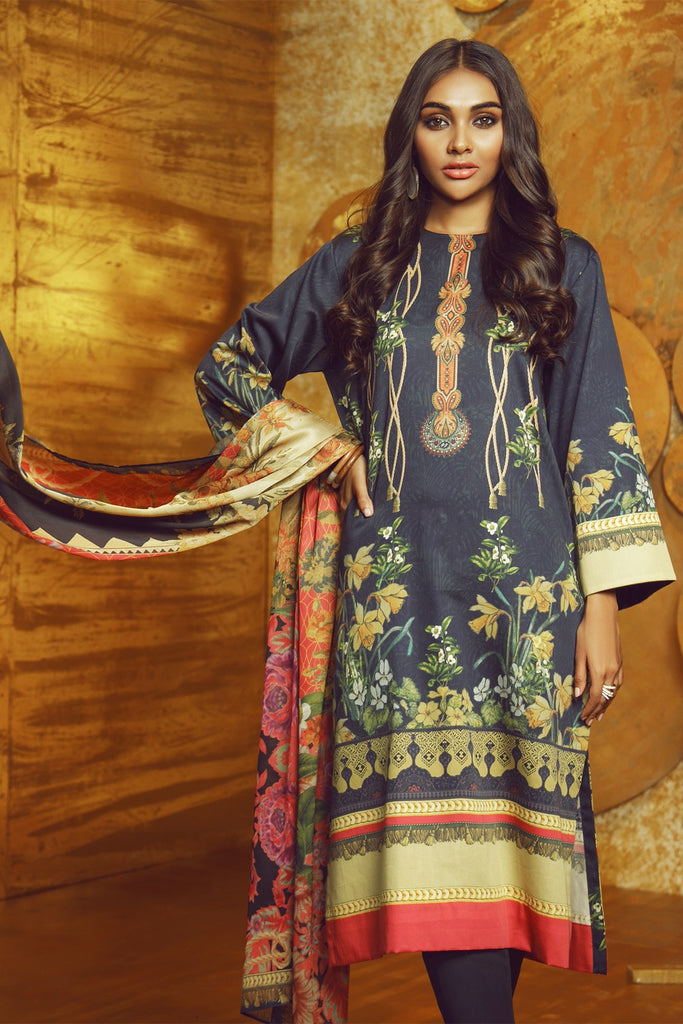 AlKaram Winter Collection 2019 – 3 Piece Printed Cotton Satin Suit with Fancy Dupatta – FW-29-19-Blue