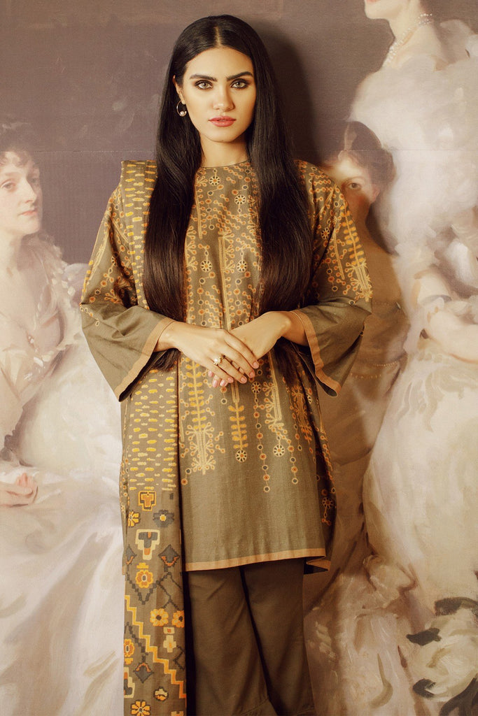AlKaram Winter Collection 2019 – 3 Piece Printed Khaddar Suit with Khaddar Dupatta – FW-6.1-19-Olive