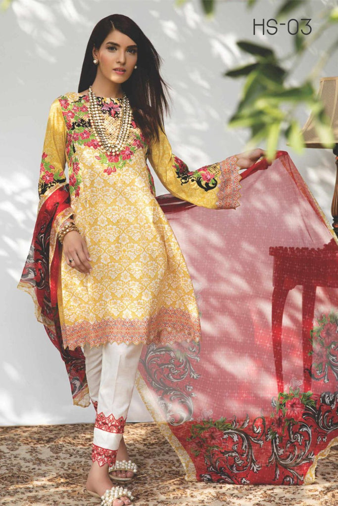 Hina Shah Luxury Lawn Collection 2018 – Njano HS-03