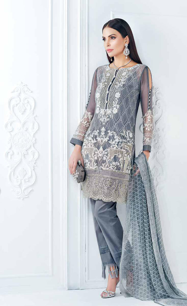 Gul Ahmed Luxury Festive Eid Collection - Grey 3 Pc Premium Embroidered Chiffon FE-18