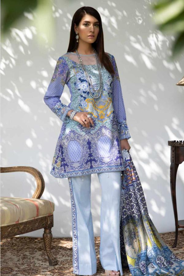 Hina Shah Luxury Lawn Collection 2018 – Bluu HS-06