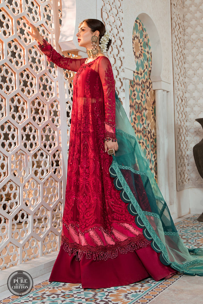 MARIA.B Luxury Chiffon Eid Collection – MPC-21-102-Cherry red with Shades of Teal