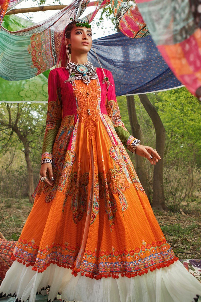 maria b orange dress Stitched MBROIDERED Burnt Orange Fuchsia Pink