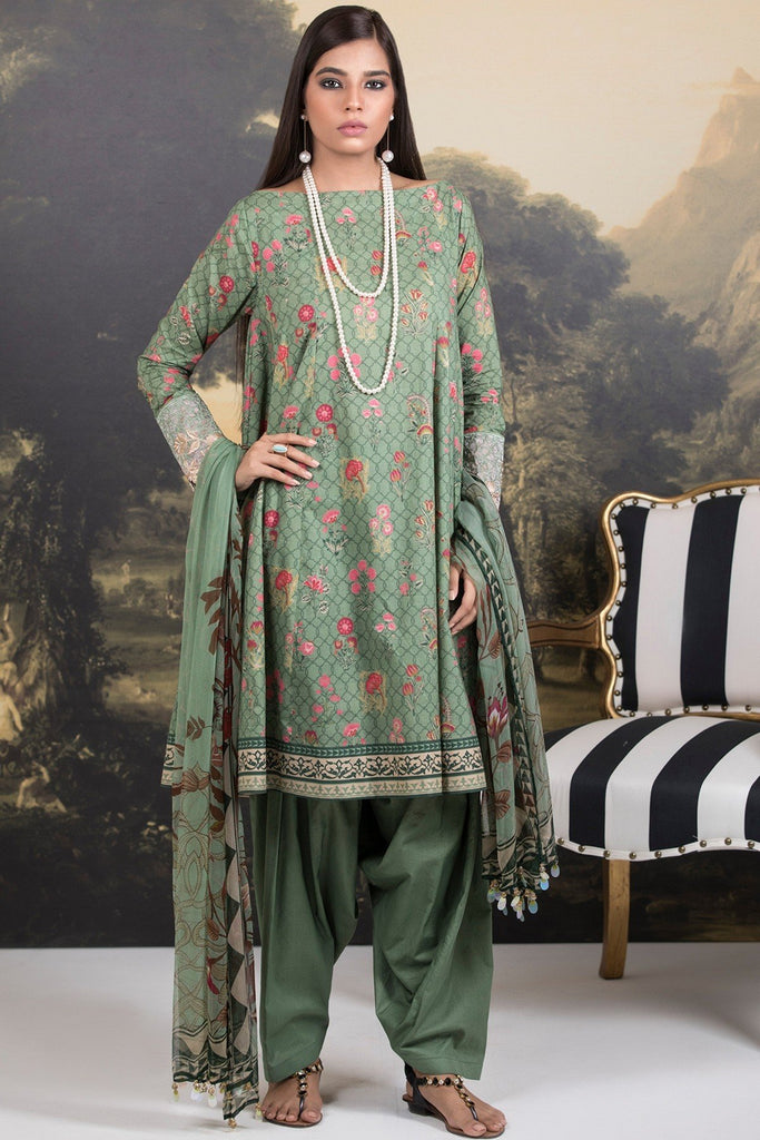 AlKaram Cambric Collection 2018 – 3 Piece Embroidered with Chiffon Printed Dupatta – MS-2.1-18-Green