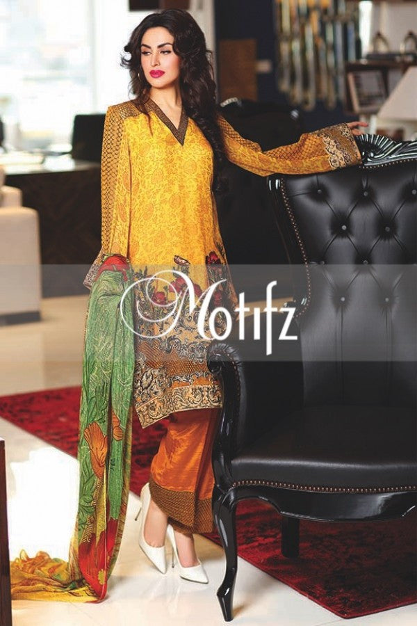 Motifz Embroidered Crinkle Chiffon Collection '16 – Mari Gold 1266 - YourLibaas
 - 1