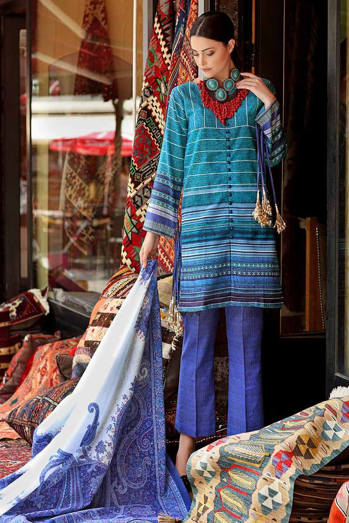 Gul Ahmed Craft Winter Collection 2018 – Blue 3 PC Digital Printed Khaddar Suit K-33