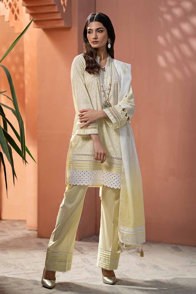 Gul Ahmed Off White Pakistani Lawn Suit Summer Essential 2024