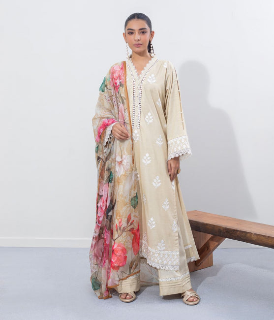 Zellbury Intermix Collection – Embroidered Shirt Shalwar Dupatta - Beige - Cambric Suit-0648 - WUC23E30648
