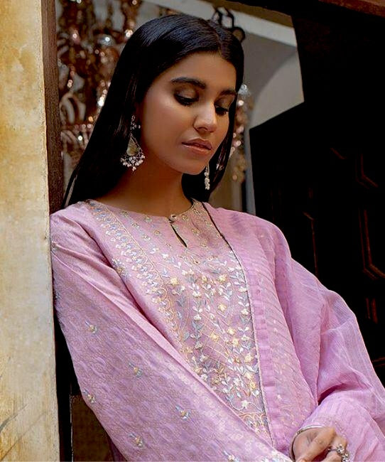 Zellbury Luxury – Embroidered Shirt Shalwar Dupatta - Maverick Pink - Zari Jacquard Suit - ZW-020