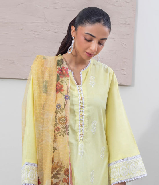 Zellbury Intermix Collection – Embroidered Shirt Shalwar Dupatta - Yellow - Cambric Suit-0647 - WUC23E30647